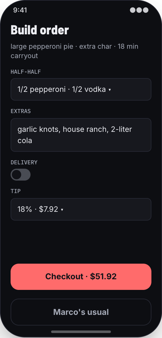 Pizzeria prototype showing Build Order