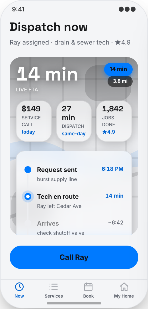 Plumbing Company prototype showing Dispatch Now for emergencies