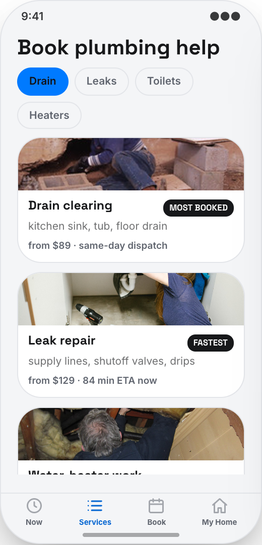 Plumbing Company prototype showing Plumbing service menu