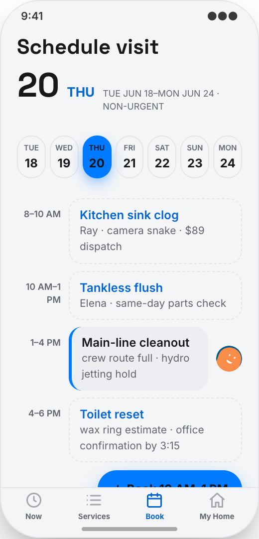 Plumbing Company prototype showing Schedule Visit time windows