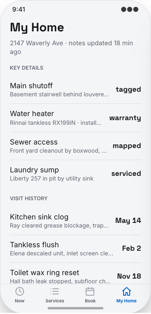 Plumbing Company prototype screen showing Issue Details with useful photos