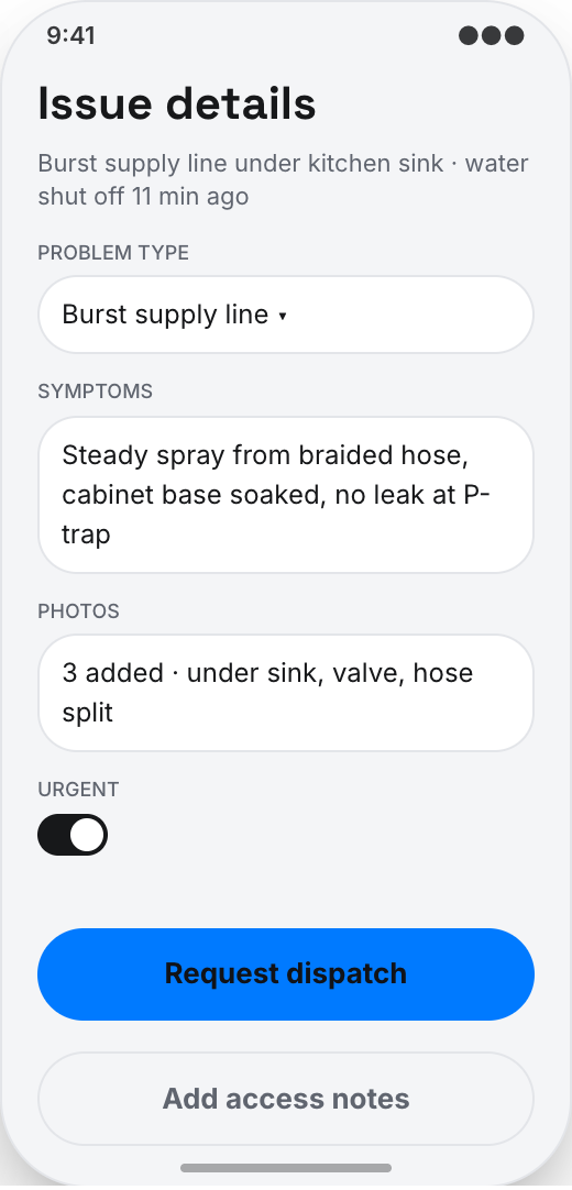 Plumbing Company prototype screen showing Plumber ETA and job status