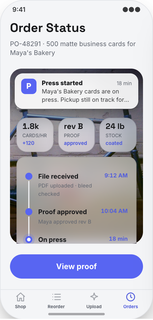 Print Shop prototype screen showing Saved projects