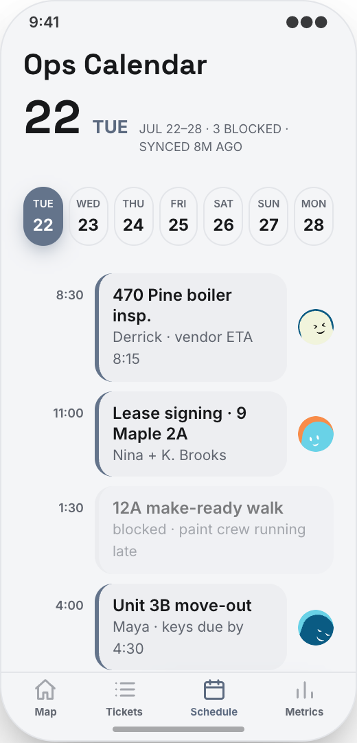 Property Management prototype showing Ops Calendar