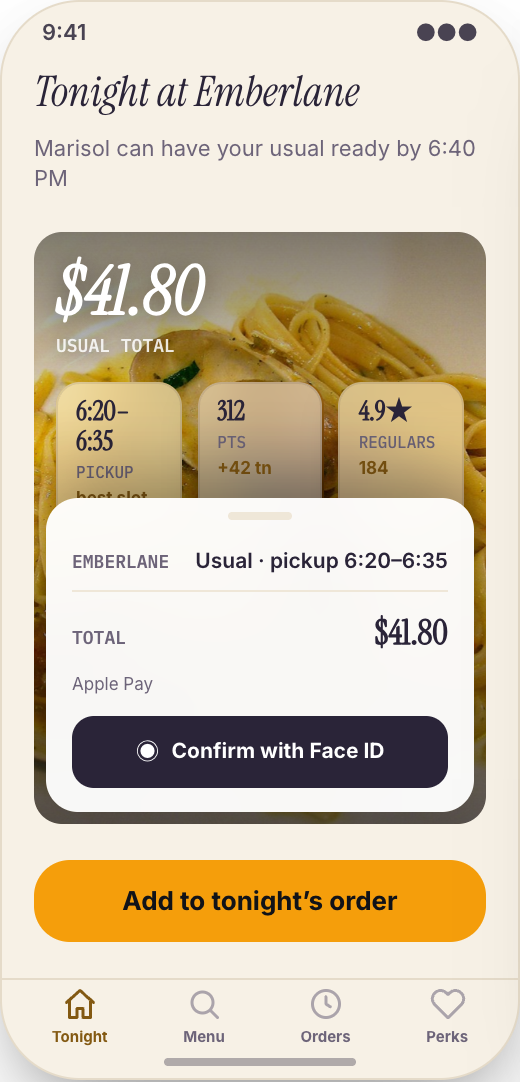 Restaurant Pickup & Regulars App prototype showing Tonight at Emberlane home screen