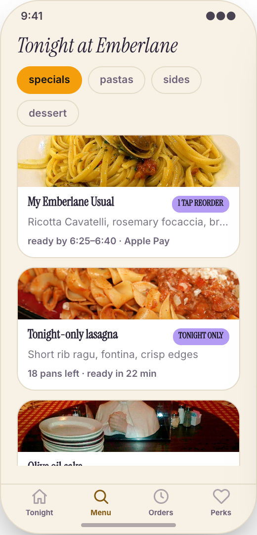 Restaurant Pickup & Regulars App prototype showing Reorder my usual