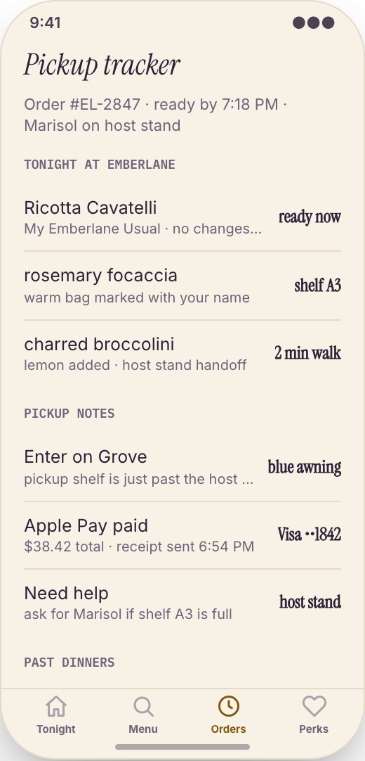 Restaurant Pickup & Regulars App prototype showing Menu and seasonal specials