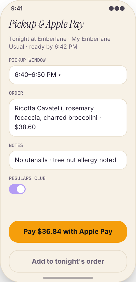 Restaurant Pickup & Regulars App prototype screen showing Pickup tracker