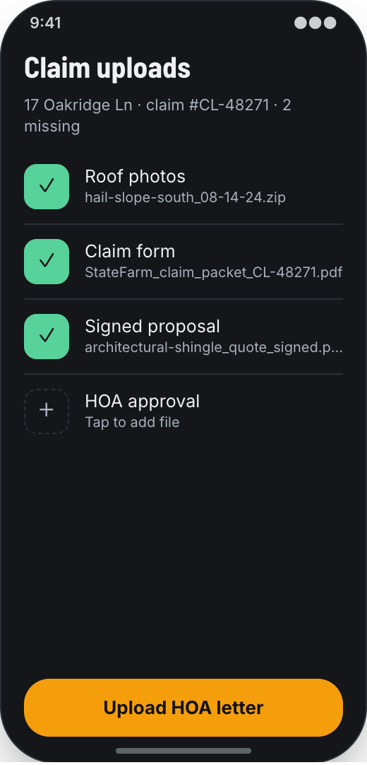 Roofing Company prototype screen showing Claim Uploads