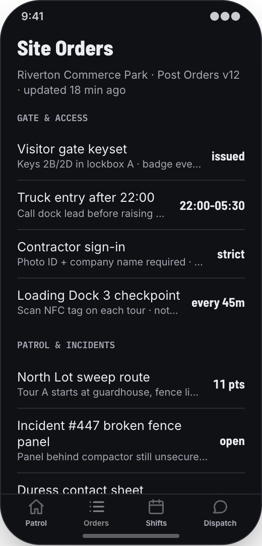 Security Guard Company prototype showing Checkpoint tracking
