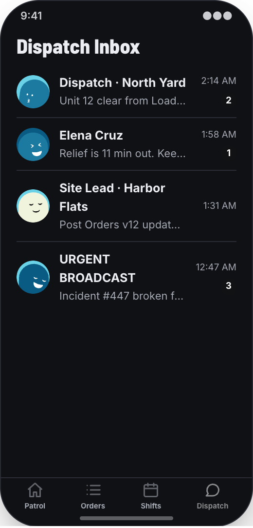 Security Guard Company prototype screen showing Shift Board