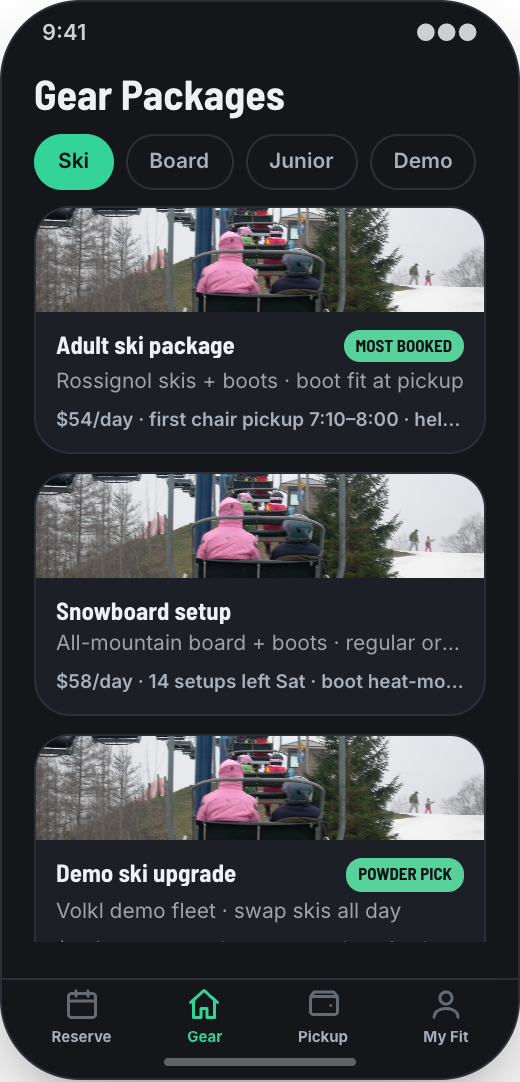 Ski Rental Shop prototype showing Gear Packages