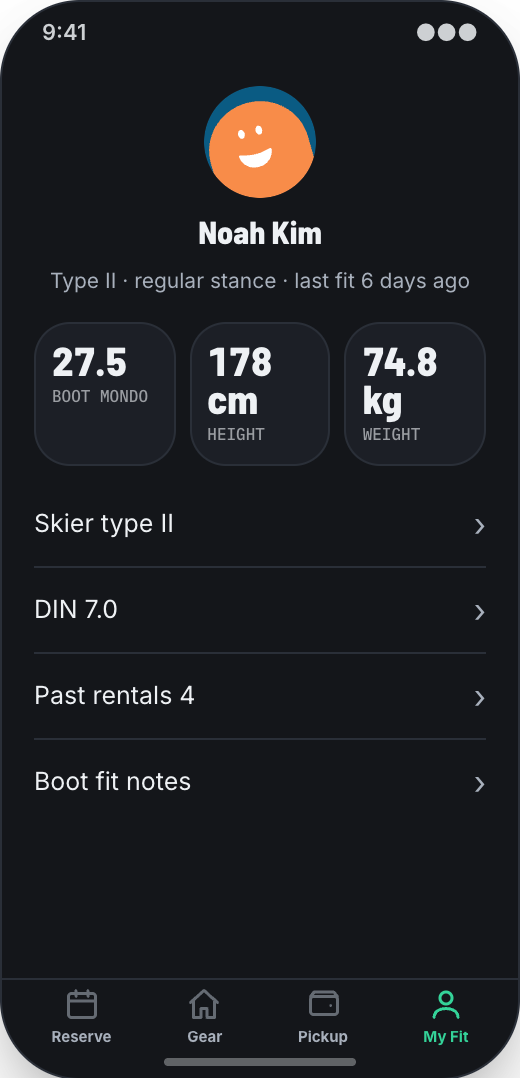 Ski Rental Shop prototype screen showing Pickup Pass