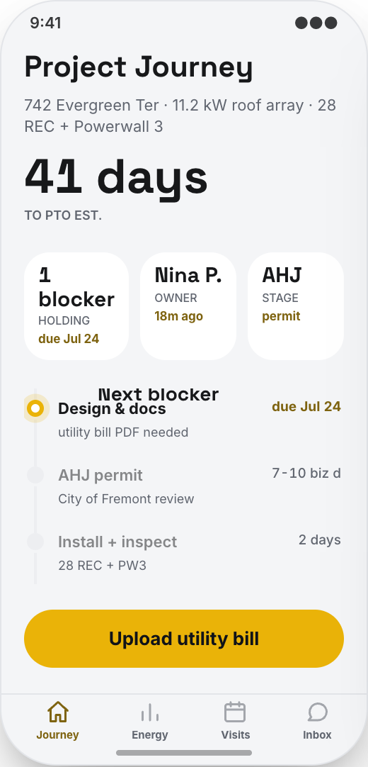 Solar Installer prototype showing Solar project journey