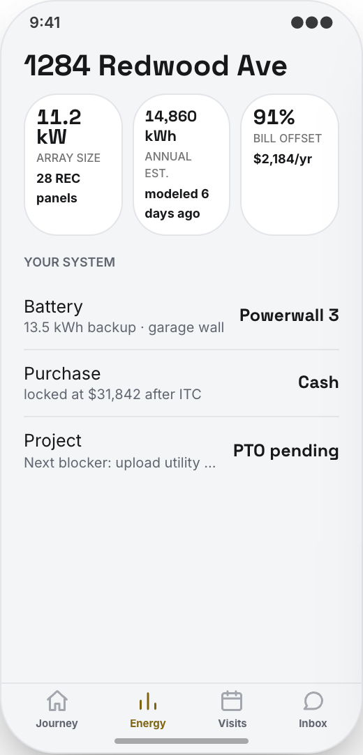 Solar Installer prototype showing Permit and utility blocker status
