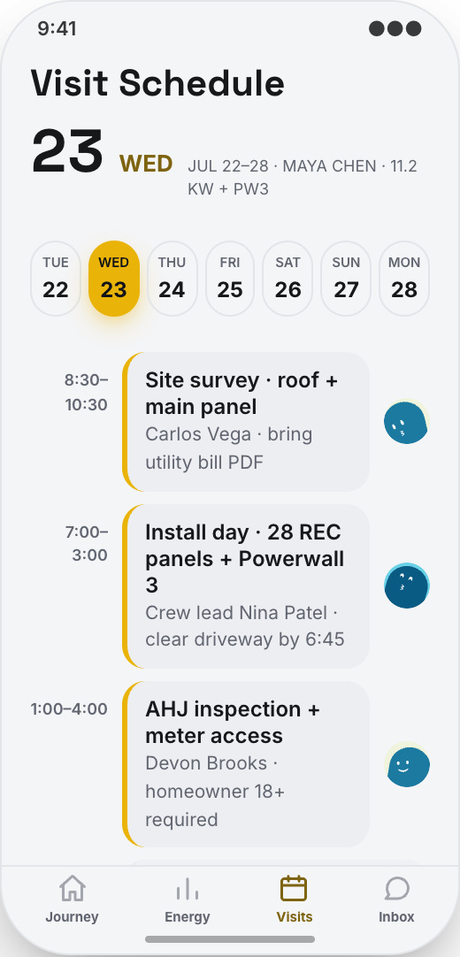 Solar Installer prototype showing Install, survey, and inspection schedule