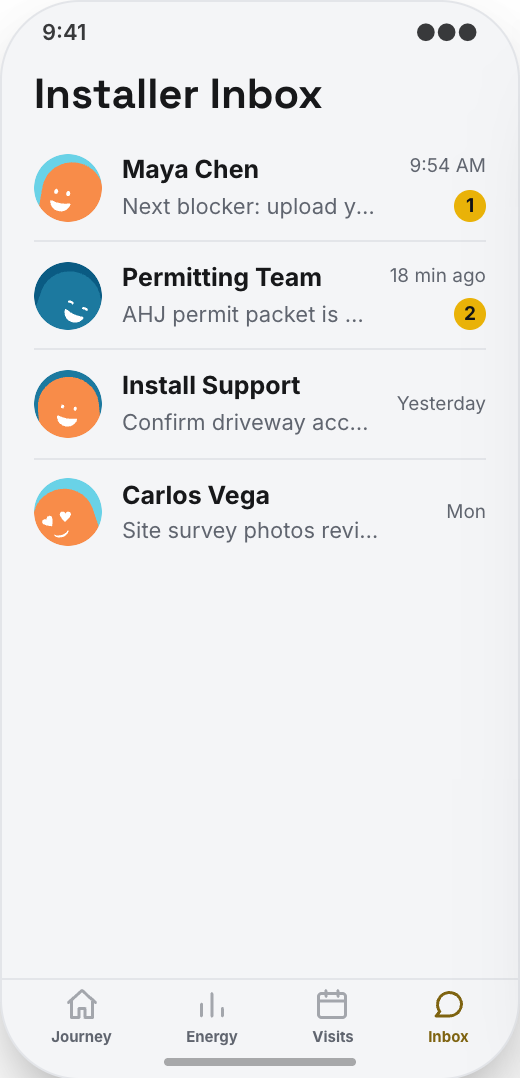 Solar Installer prototype screen showing Production and savings home screen