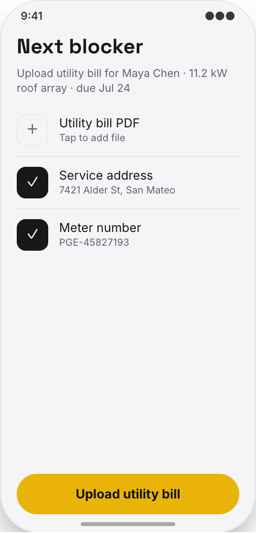 Solar Installer prototype screen showing Solar document requests