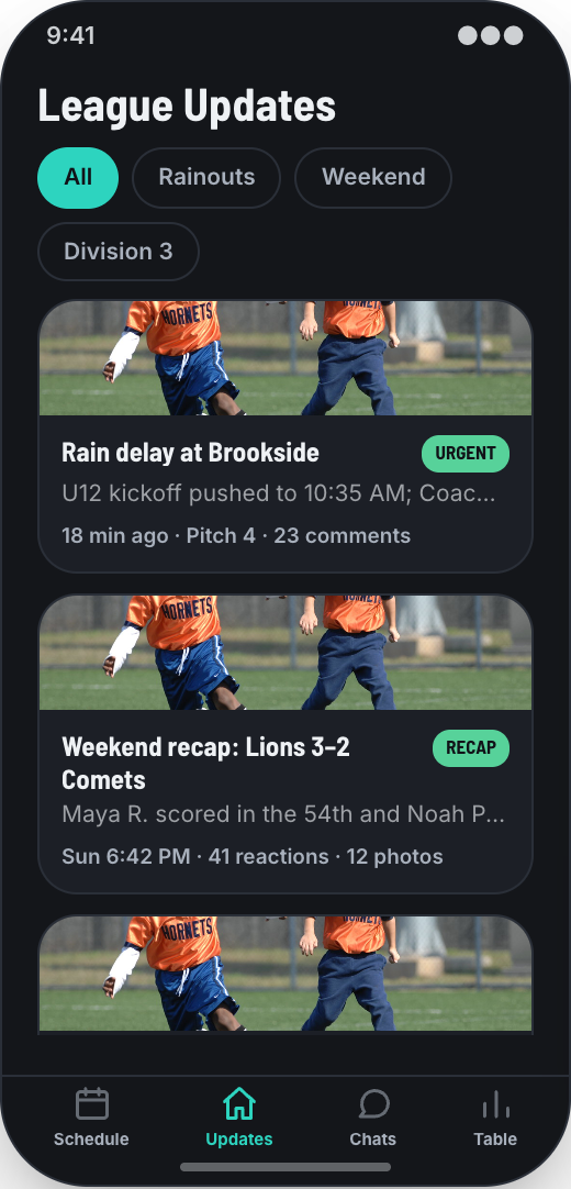 Youth Sports League prototype showing Game and practice RSVPs