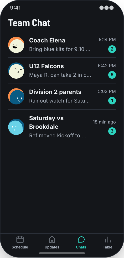 Youth Sports League prototype showing League updates