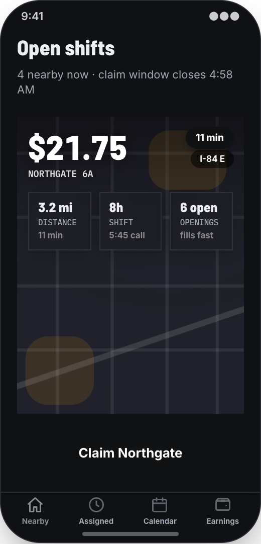Staffing Agency prototype showing Nearby shifts
