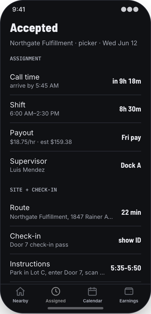Staffing Agency prototype showing One-tap shift claiming