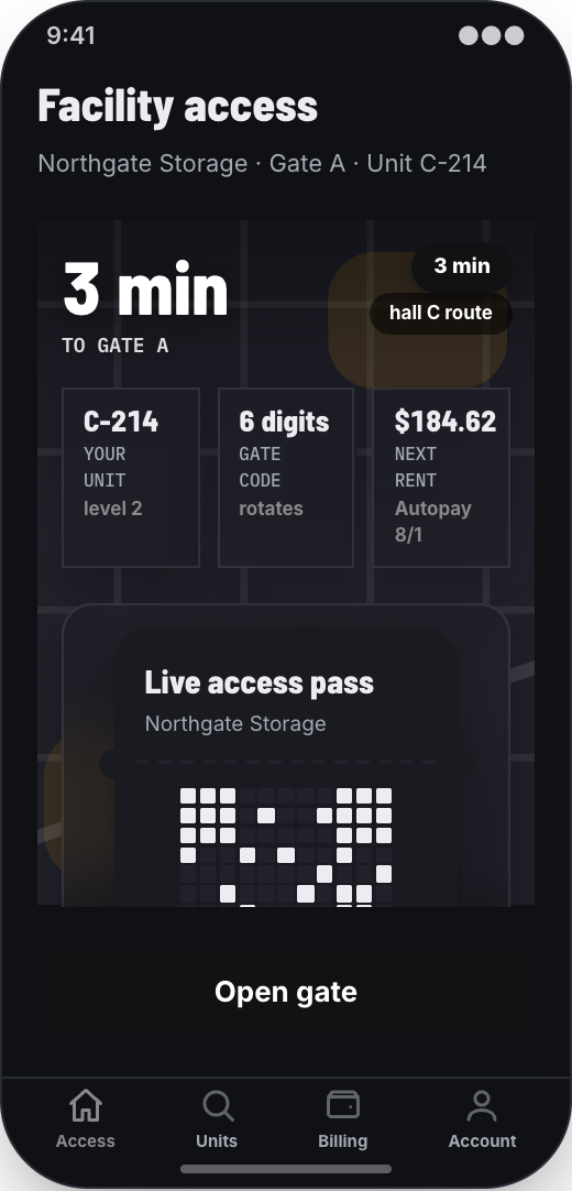 Self-Storage Facility prototype showing Mobile gate access