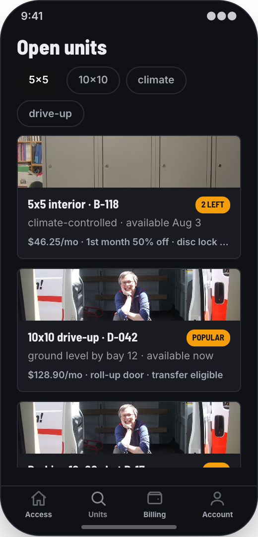 Self-Storage Facility prototype showing Fastest route to the unit