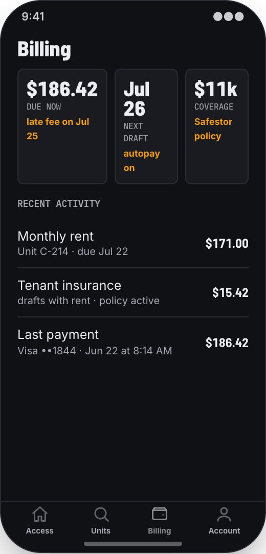 Self-Storage Facility prototype showing Open unit browsing