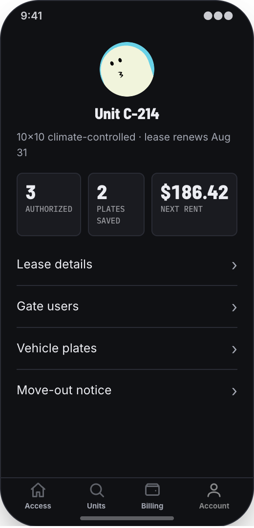 Self-Storage Facility prototype screen showing Upgrade or add space