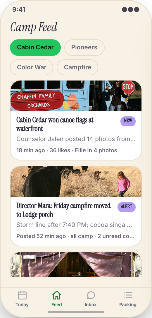 Summer Camp prototype showing Camp Feed