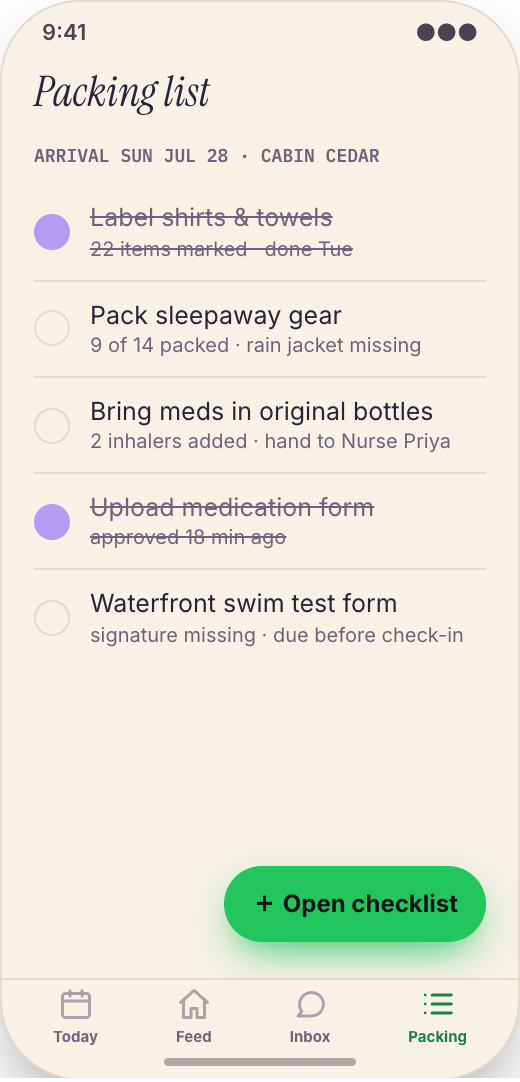 Summer Camp prototype screen showing Packing List