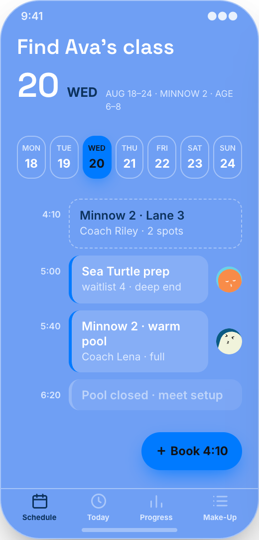 Swim School prototype showing Class Finder