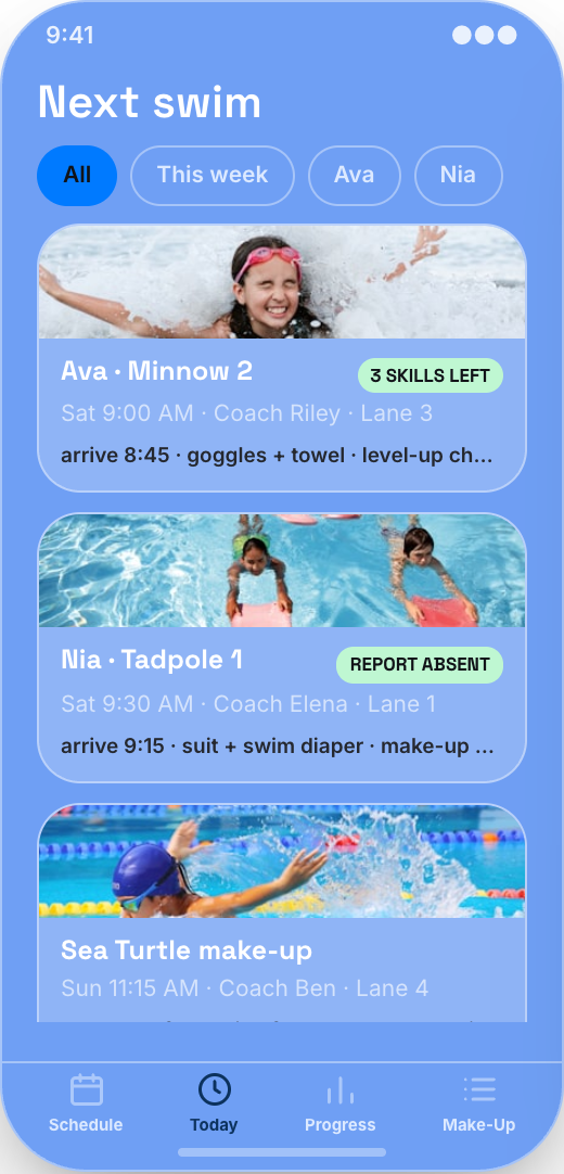 Swim School prototype showing Child-by-child booking