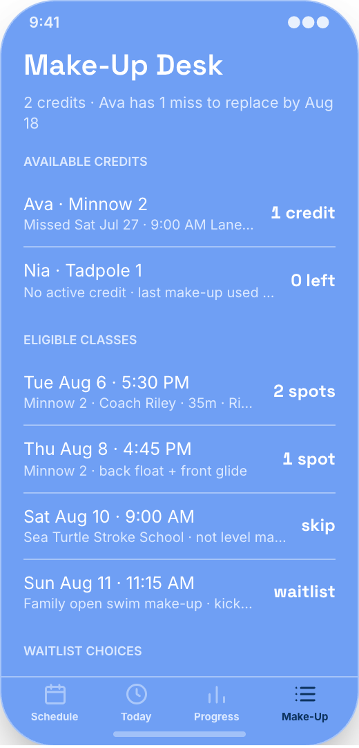 Swim School prototype screen showing Lesson reminders
