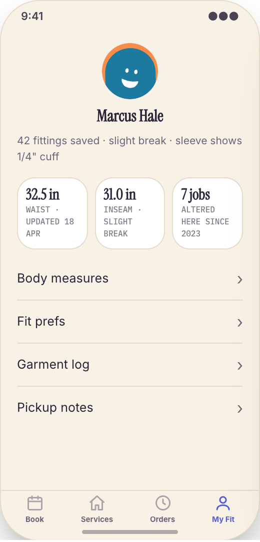 Tailor & Alterations Shop prototype screen showing Order Tracker