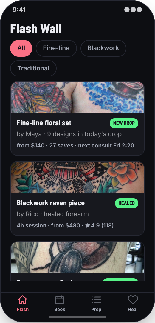 Tattoo Studio prototype showing Flash Wall