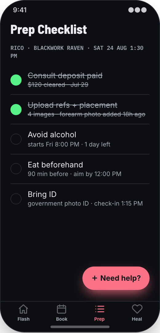 Tattoo Studio prototype showing Consult Request