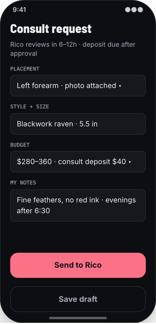 Tattoo Studio prototype screen showing Deposit and slot protection