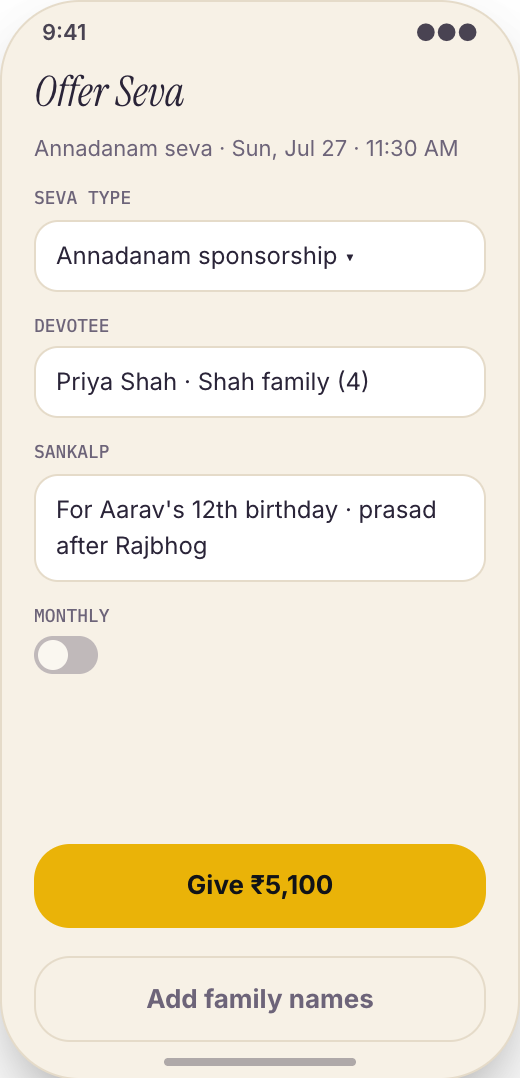 Temple & Mandir Community prototype screen showing Festival Calendar