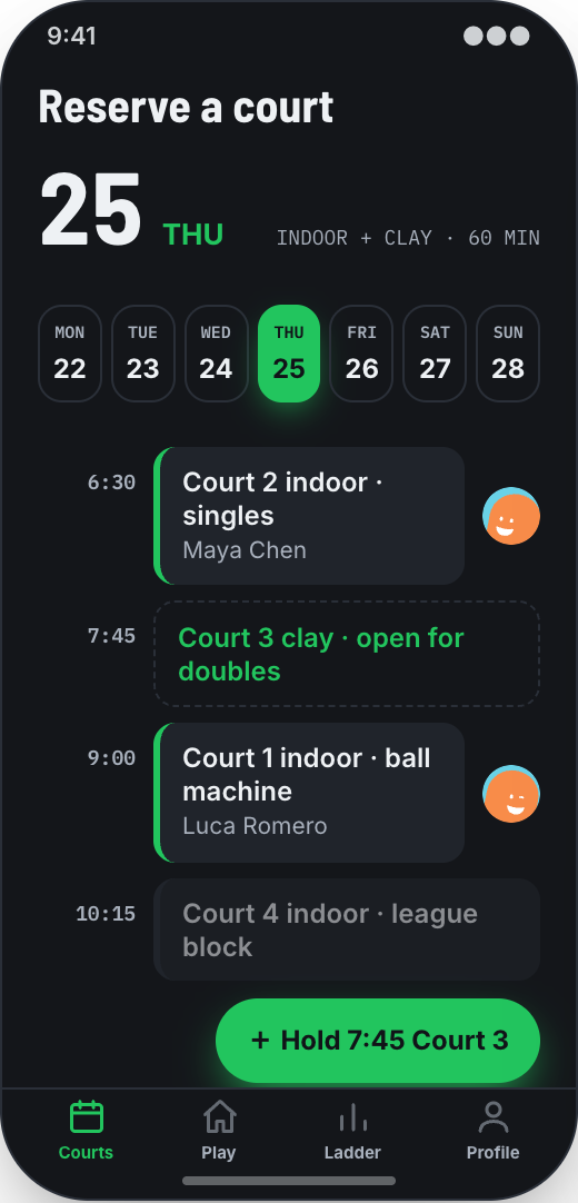 Tennis Club prototype showing Court booking