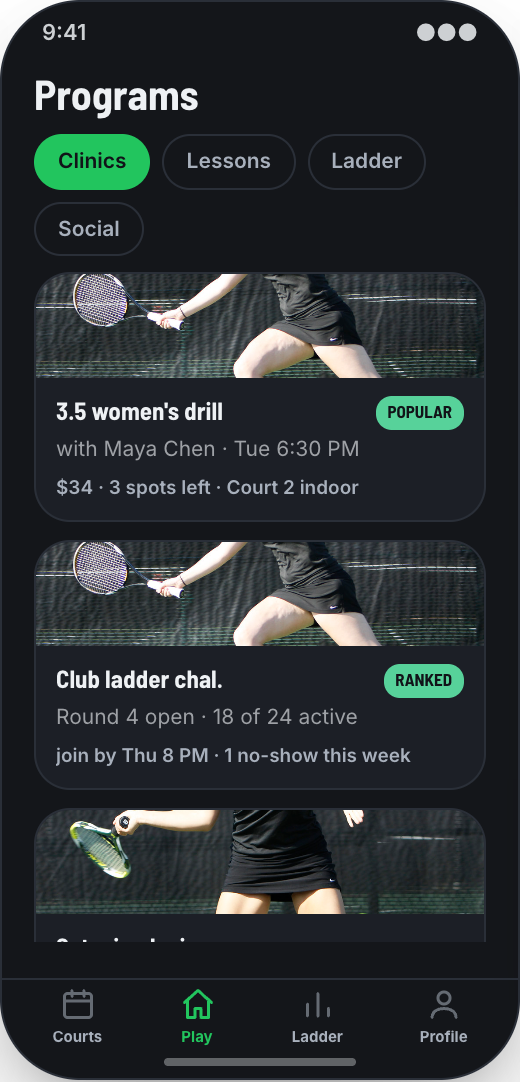 Tennis Club prototype showing Court reminders and no-show control