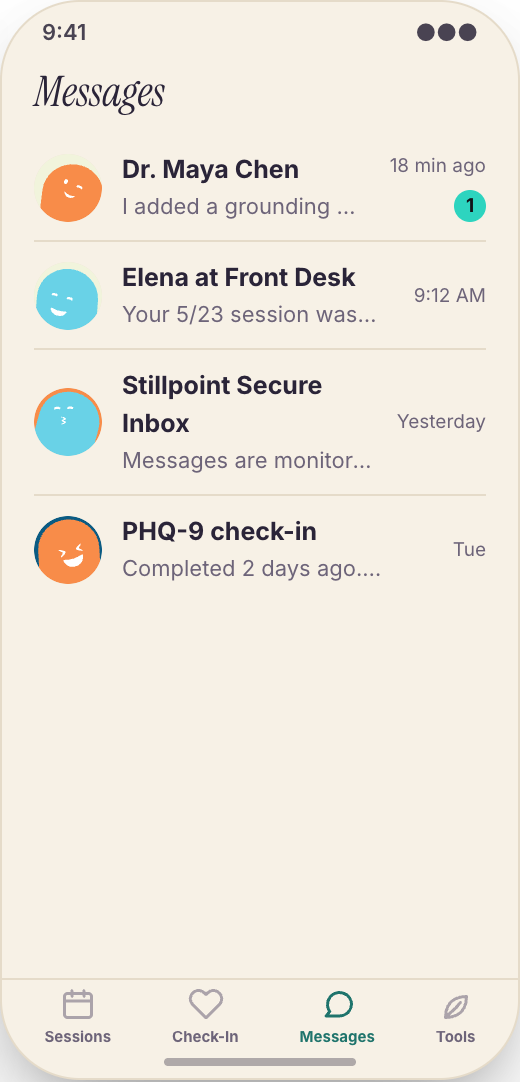 Therapist Practice prototype showing Secure updates and questions