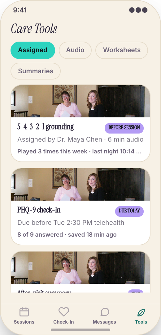 Therapist Practice prototype screen showing Therapist-assigned tools