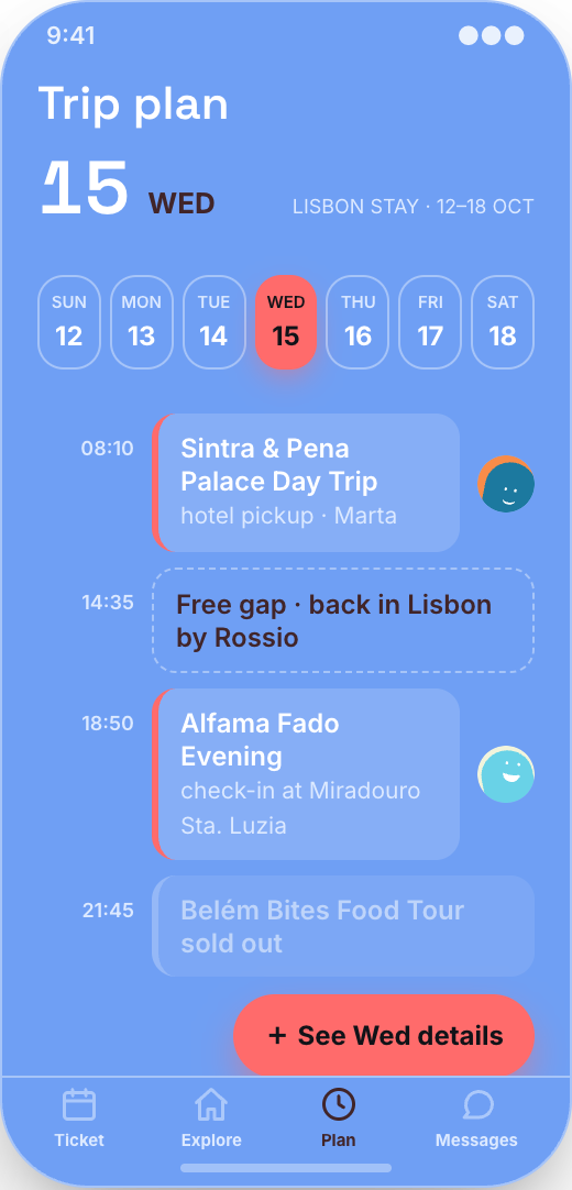 Lisbon Tour Operator prototype showing Reserve Seats