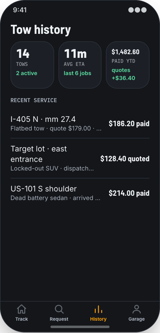 Towing Company prototype showing Vehicle details