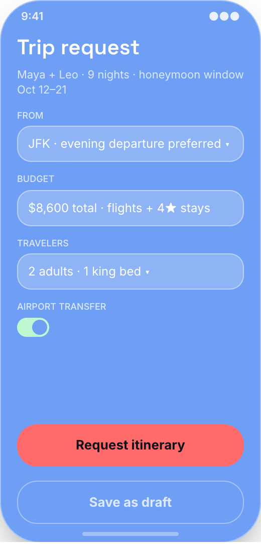 Travel Agency prototype screen showing Tailored quote handoff