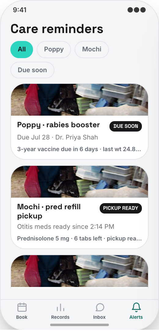 Veterinary Clinic prototype screen showing Clinic Inbox
