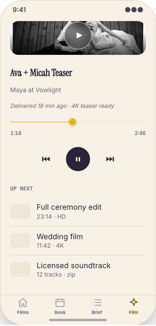 Wedding Videography Studio prototype screen showing Wedding brief