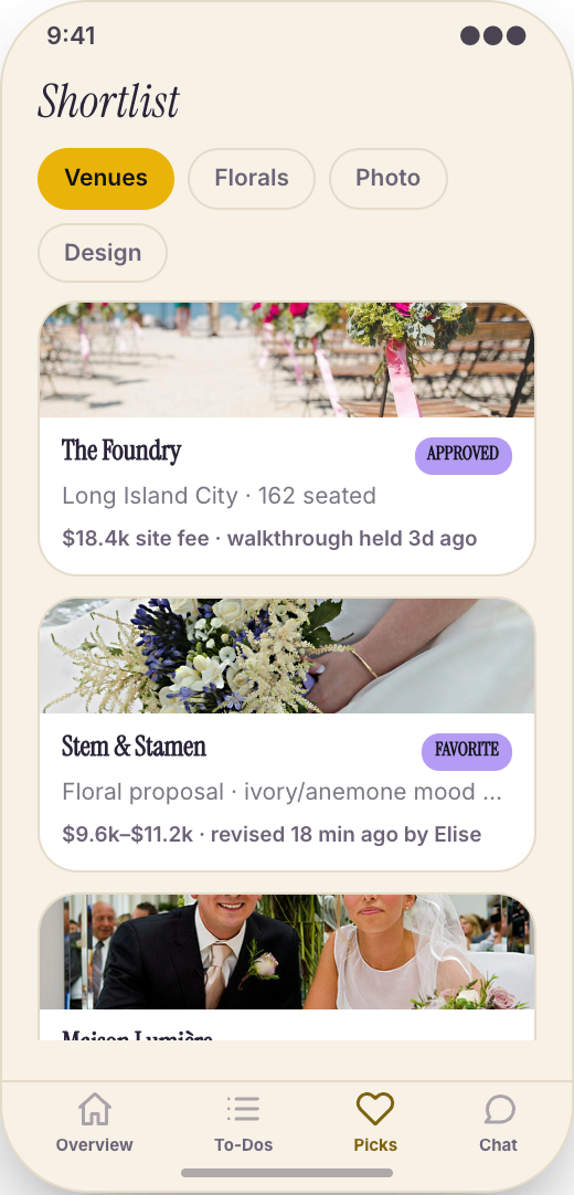 Wedding Planner prototype showing Vendor shortlist